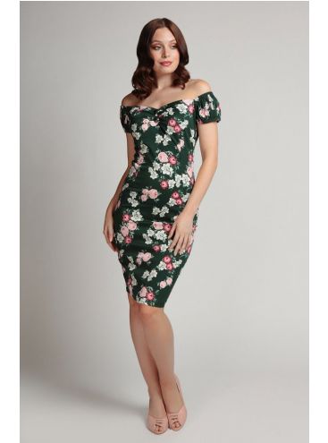 Collectif Dolores Zelené púzdrové šaty s ružami