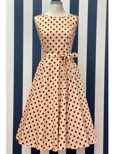 Lady Vintage Broskyňové midi šaty s bodkami