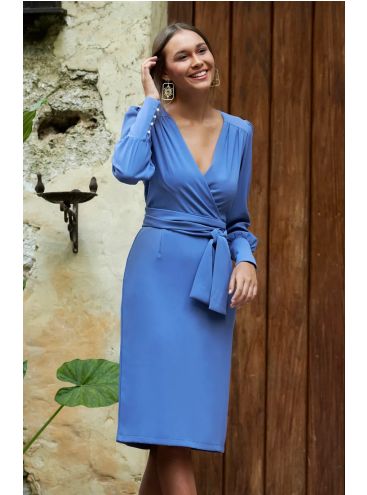 Modré púzdrové šaty s dlhými rukávmi