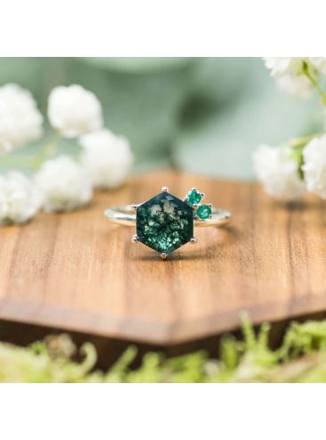 Strieborný prsteň s achátom a smaragdmi Hidden Forest