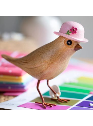 Drevený záhradný vtáčik - Svetlo Ružový klobúk